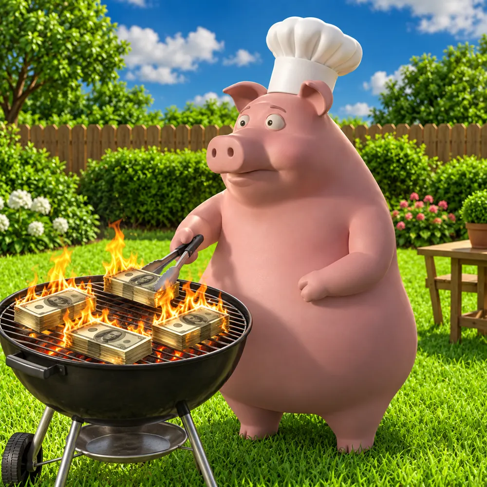 Cashpig grilling stacks of cash